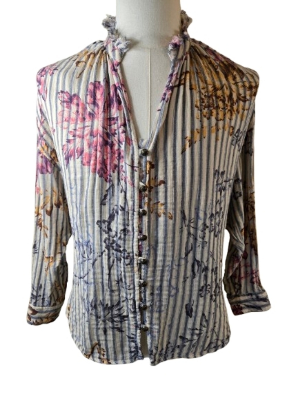 Pilcro Tavi Ruffled Striped Floral Button Down Top Cream Blue Anthropology 1X - Picture 3 of 16